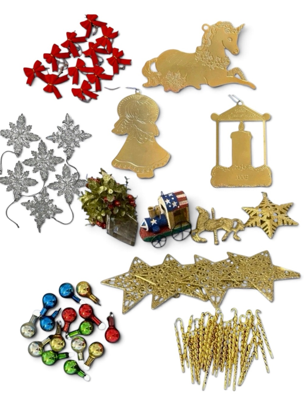 Mixed Lot of Christmas Ornaments VTG Gold and Silver Color Glass Bulbs & More